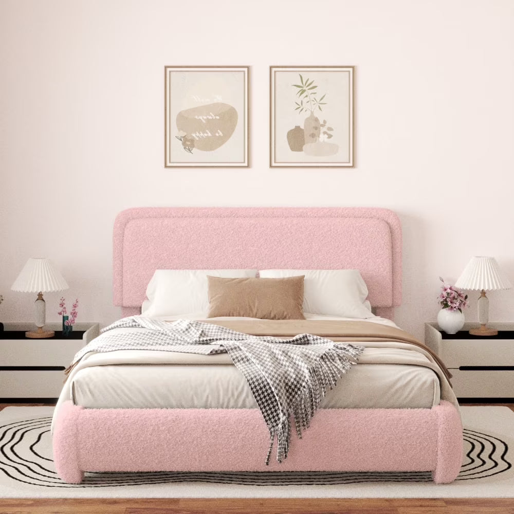 VIPLOV King Size Boucle Bed Frame, Cloud Upholstered Platform Bed with Height Adjustable Headboard & Soft Rounded Corners, No Noise Free, Easy Assembly,Beige