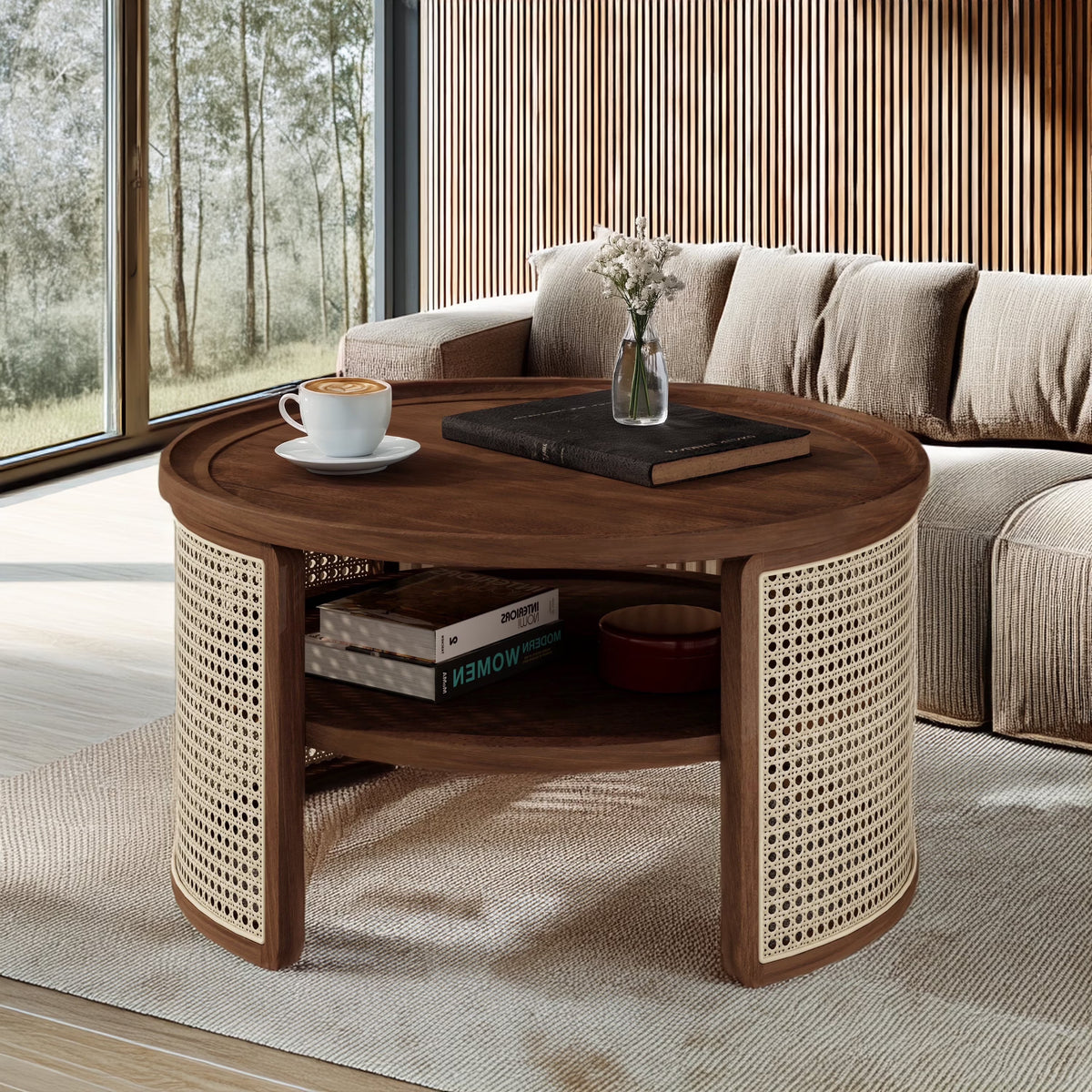 Harper & Bright Designs Rattan Round Coffee Table with Storage Shelf, Round Cane Wood Center Table for Living Room, 37'' Brown