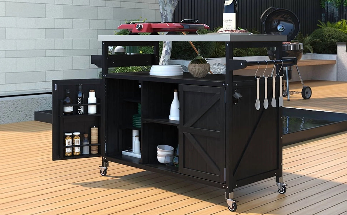 Outdoor Kitchen Island, Rolling Bar Cart & Storage Cabinet, Farmhouse Solid Wood Outdoor Grill Table with Stainless Steel Top, Spice Rack , Towel Rack for Kitchen & BBQ , Natural