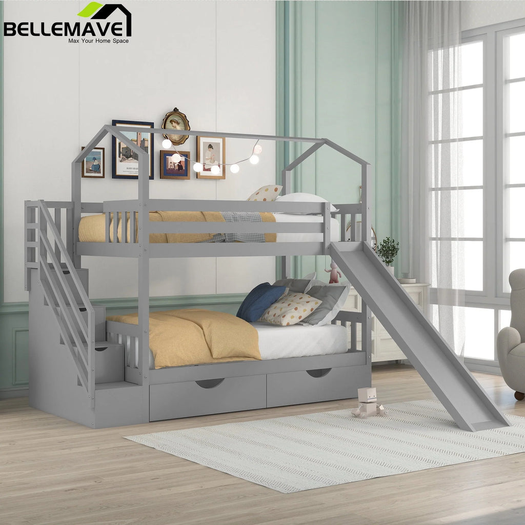 Bellemave Twin Over Twin House Bunk Bed with Slide and Stairs,Wooden Bunk Bed with Storage Drawers,Playhouse Bed for Kids,Teens(Gray)