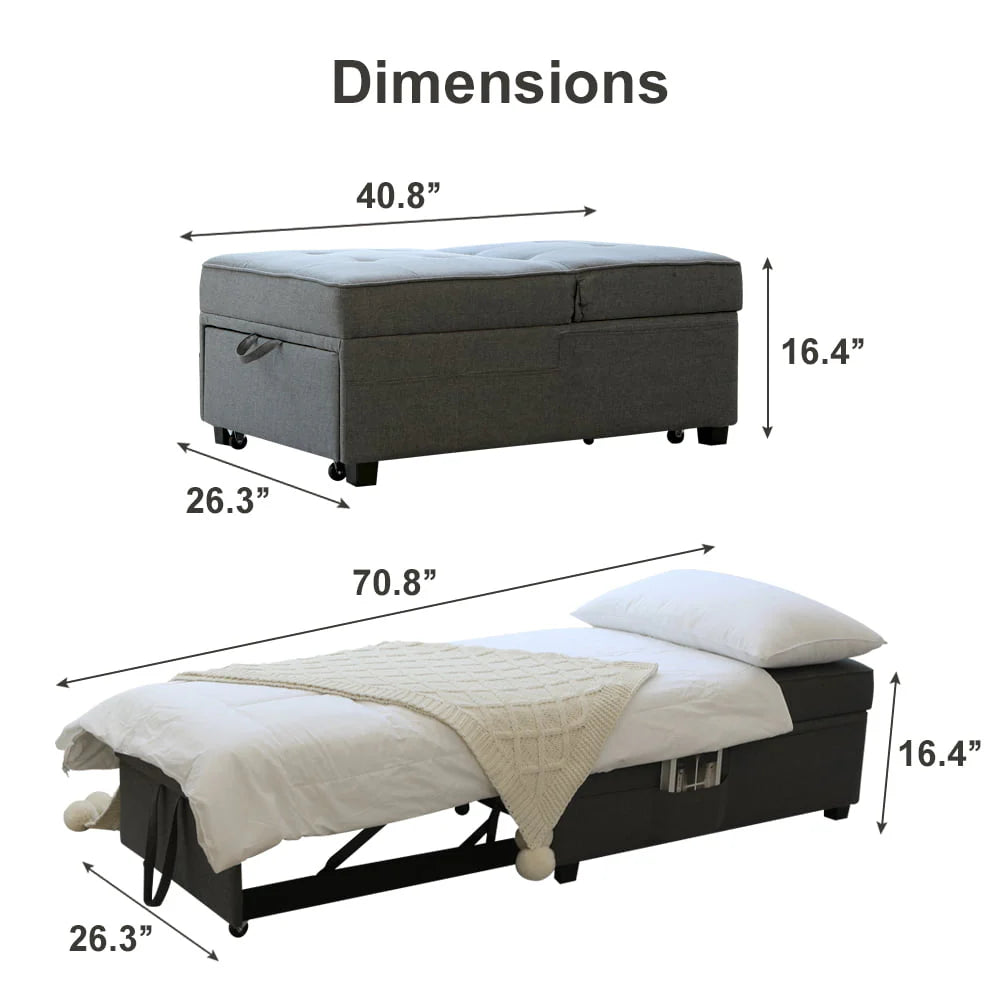 Cynefin Sleeper chair - ottoman bed, chair beds sleeper, 4 in 1 convertible chairs into beds with Lumbar Pillow 3 Side Pockets Linen Fabric Tufted for Living Room Grey