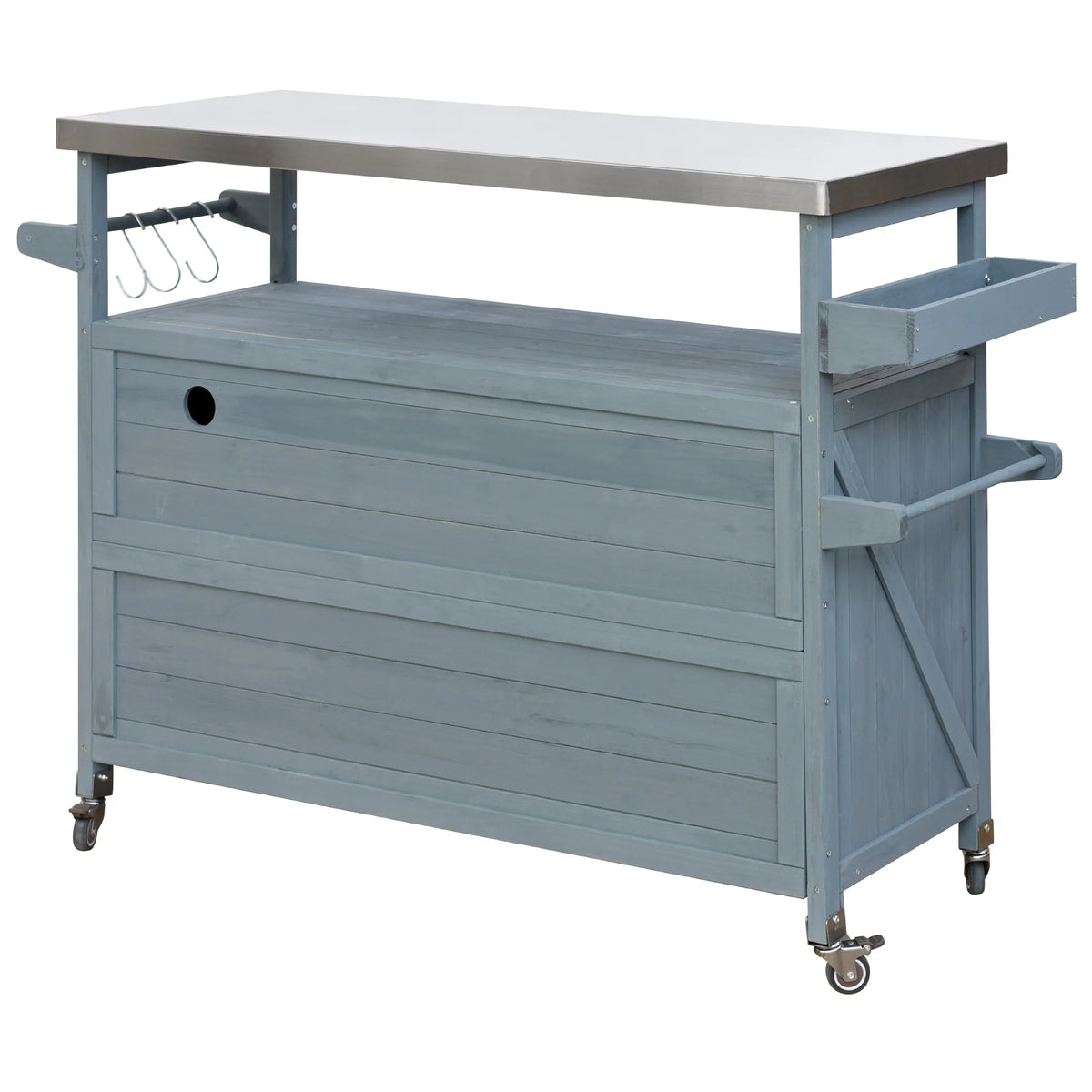 Outdoor Kitchen Island, Rolling Bar Cart & Storage Cabinet, Farmhouse Solid Wood Outdoor Grill Table with Stainless Steel Top, Spice Rack , Towel Rack for Kitchen & BBQ , Natural