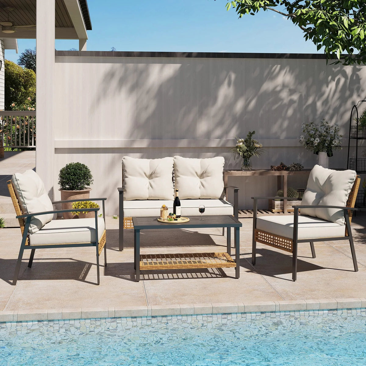 LAUSAINT HOME 4 Pieces Outdoor Patio Conversation Set with Cushions and 2-Tiers Storage Metal Coffee Table
