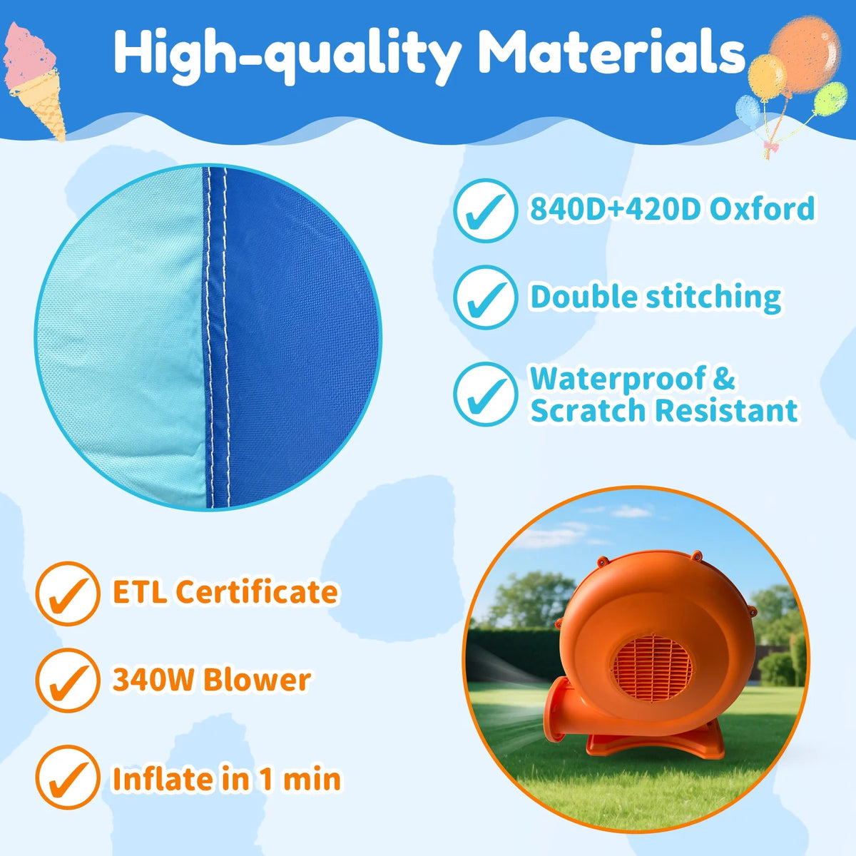 Mukidy 114''x 114'' x 92.5'' Inflatable Bounce Houses for Kids 3-10 with Blower Double Slide and Ball Pit/Indoor Bouncy House, PVC, Child, Teen, Toddler，Blue