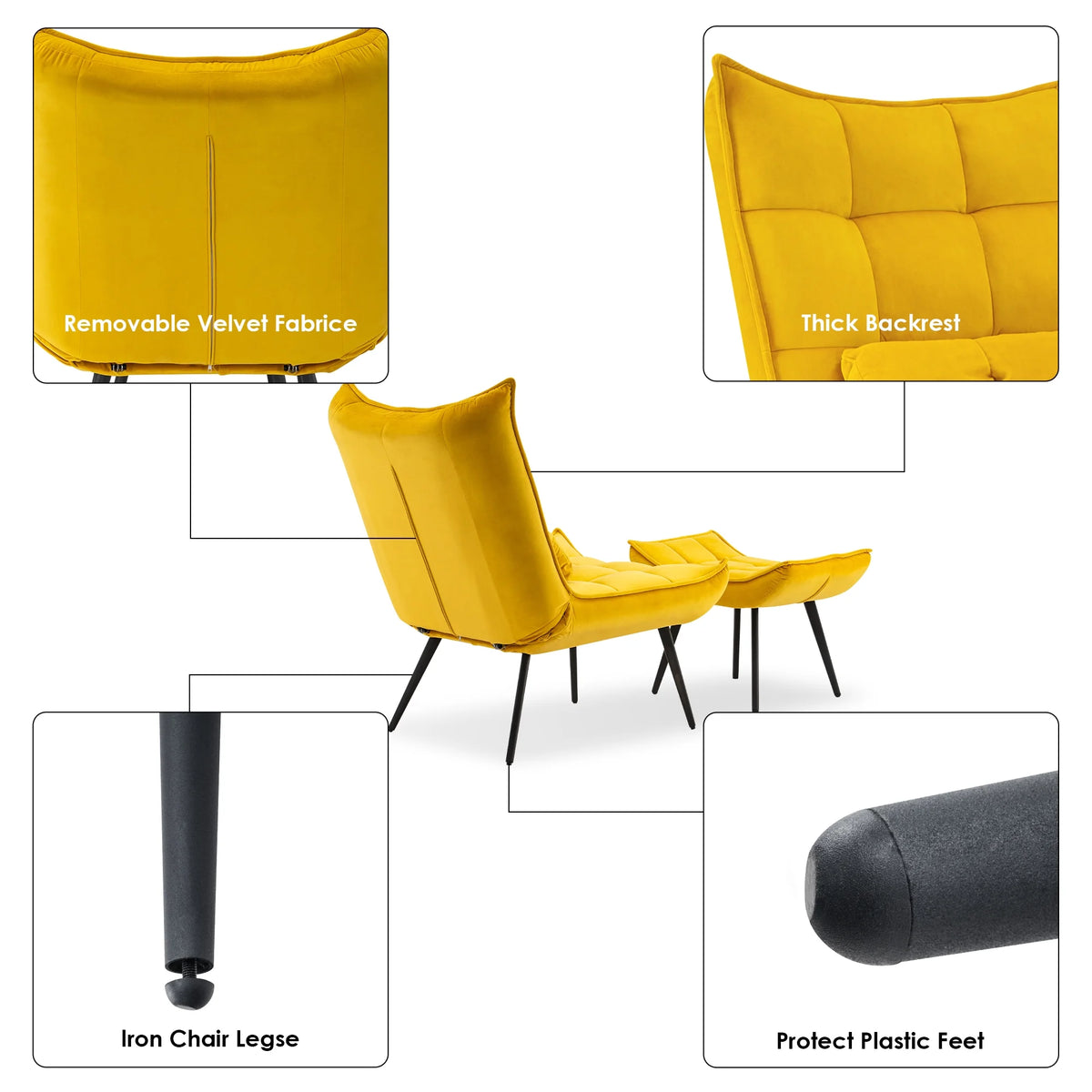 MCombo Accent Chair with Ottoman, Velvet Modern Chairs with Metal Legs for Living Room 4079 (Yellow)