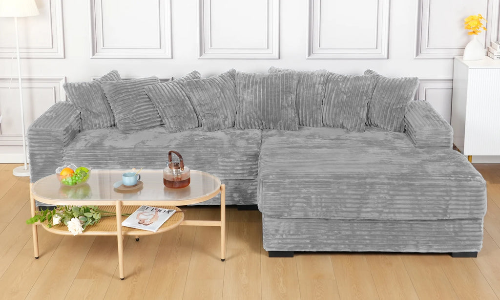 Advwin 110" Oversized L Shaped Sofa with Chaise, Comfy Plush 2-Piece L-Shaped Sectional Couches with 8 Pillows, Soft Fluffy Upholstered Sofa Bed for Living Room Apartment Bedroom, Light Gray