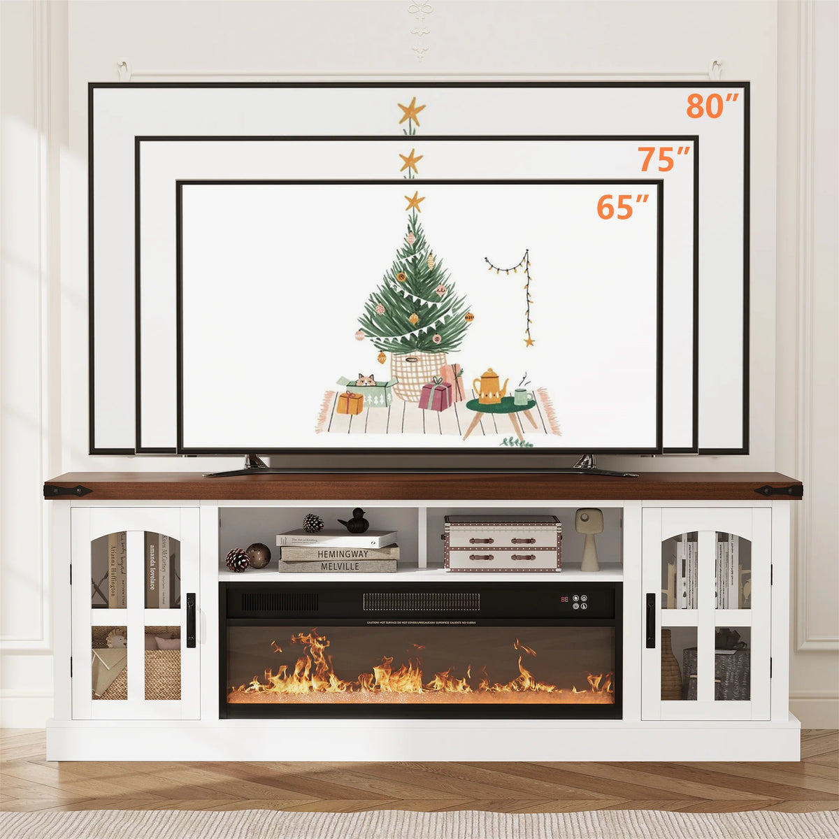 Planntonneo Mid-Century Modern Fluted TV Stand Wooden Media Console Entertainment Center for Living Room, Walnut Color