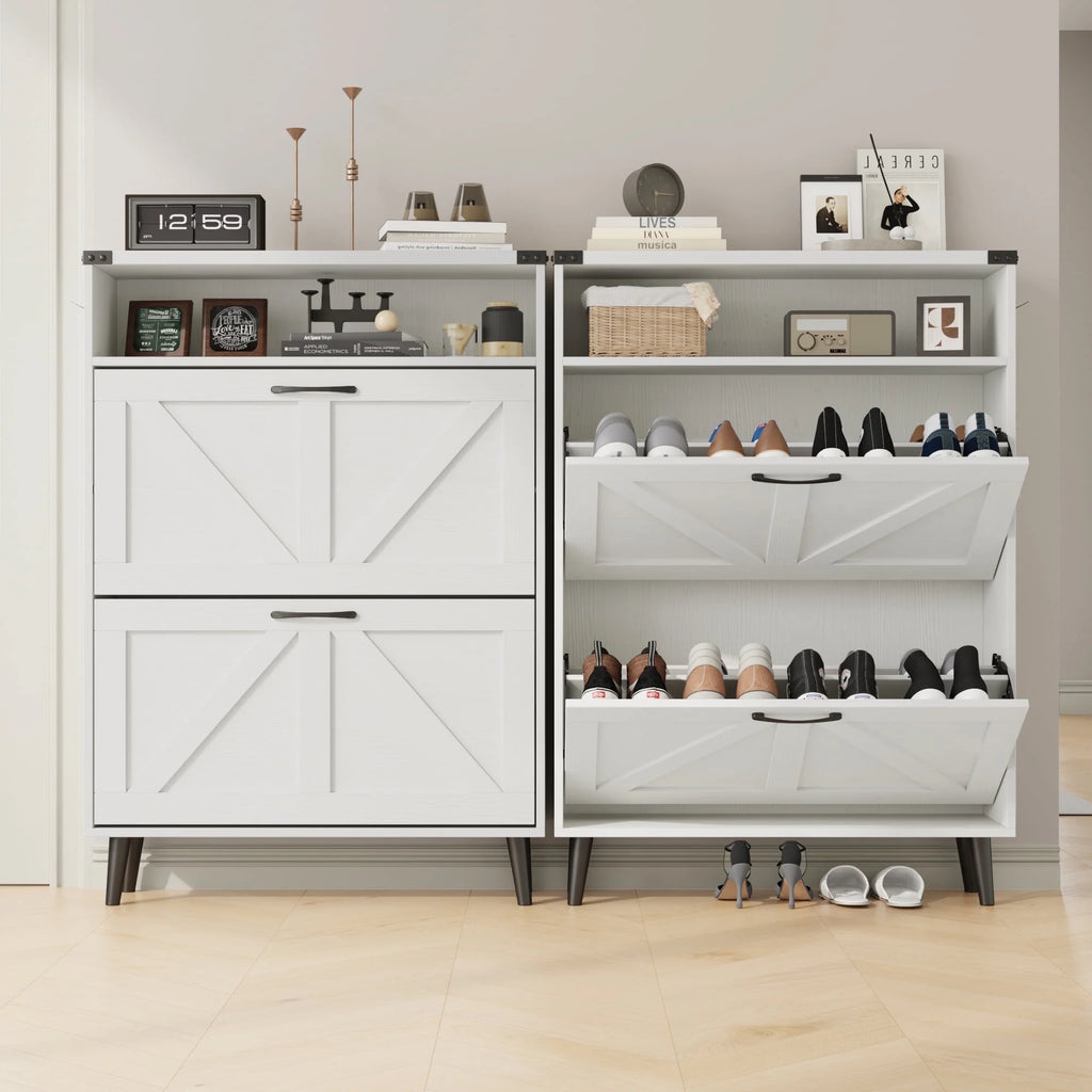 Veanerwood Shoe Cabinet with 2 Flip Drawers Farmhouse Shoe Storage Cabinet Organizer for Entryway, Gray