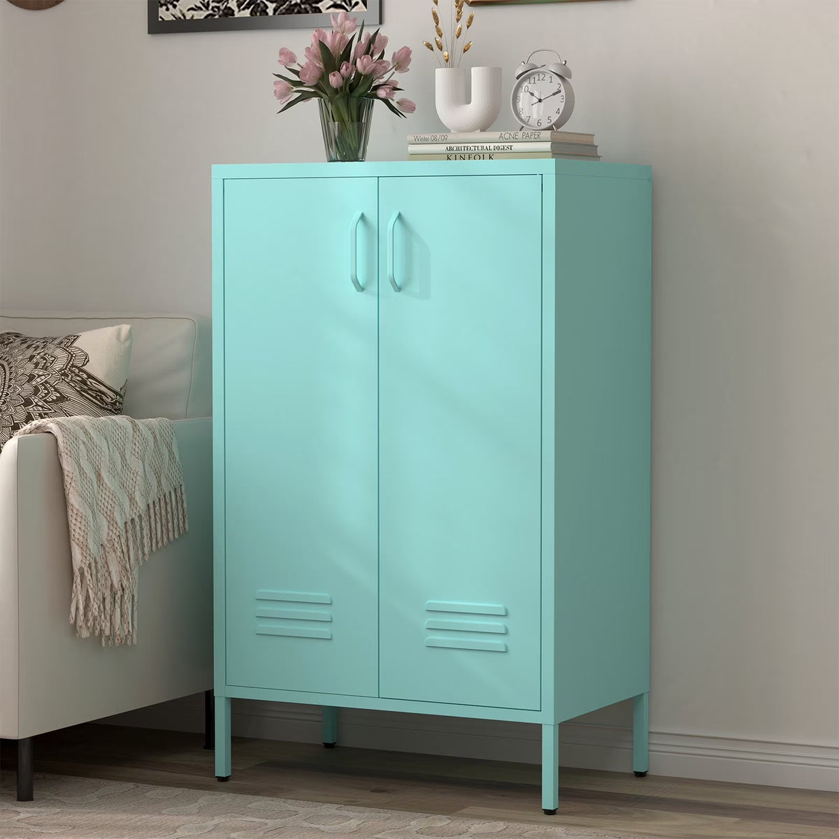Marcree Green Metal Cabinet,2 Door Accent Cabinet,Metal Locker Cabinet with Legs,Sideboard Cabinet with Adjustable Shelves,Locker Storage Cabinet for Living Room,Entryway