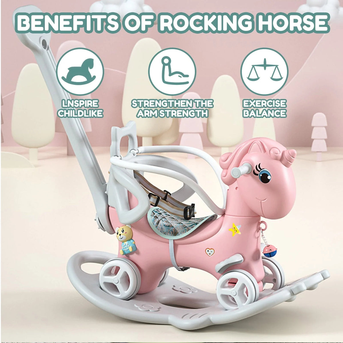 5 in 1 Rocking Horse for Toddlers, Balance Bike Ride On Toys with Push Handle, Backrest and Balance Board for Baby Girl and Boy 1-3 Years Old, Unicorn Kids Riding for Birthday Gifts (Pink)