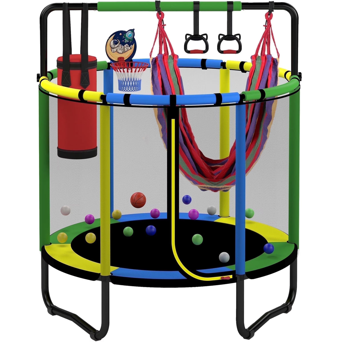 Mini Round Trampoline for Kids with Basketball Hoop, SEGMART 55'' Indoor Outdoor Toddler Trampoline with Enclosure Net, Swing, Sandbag, Ring, Ocean Balls, Small Trampoline Gift for Boys Girls, Blue