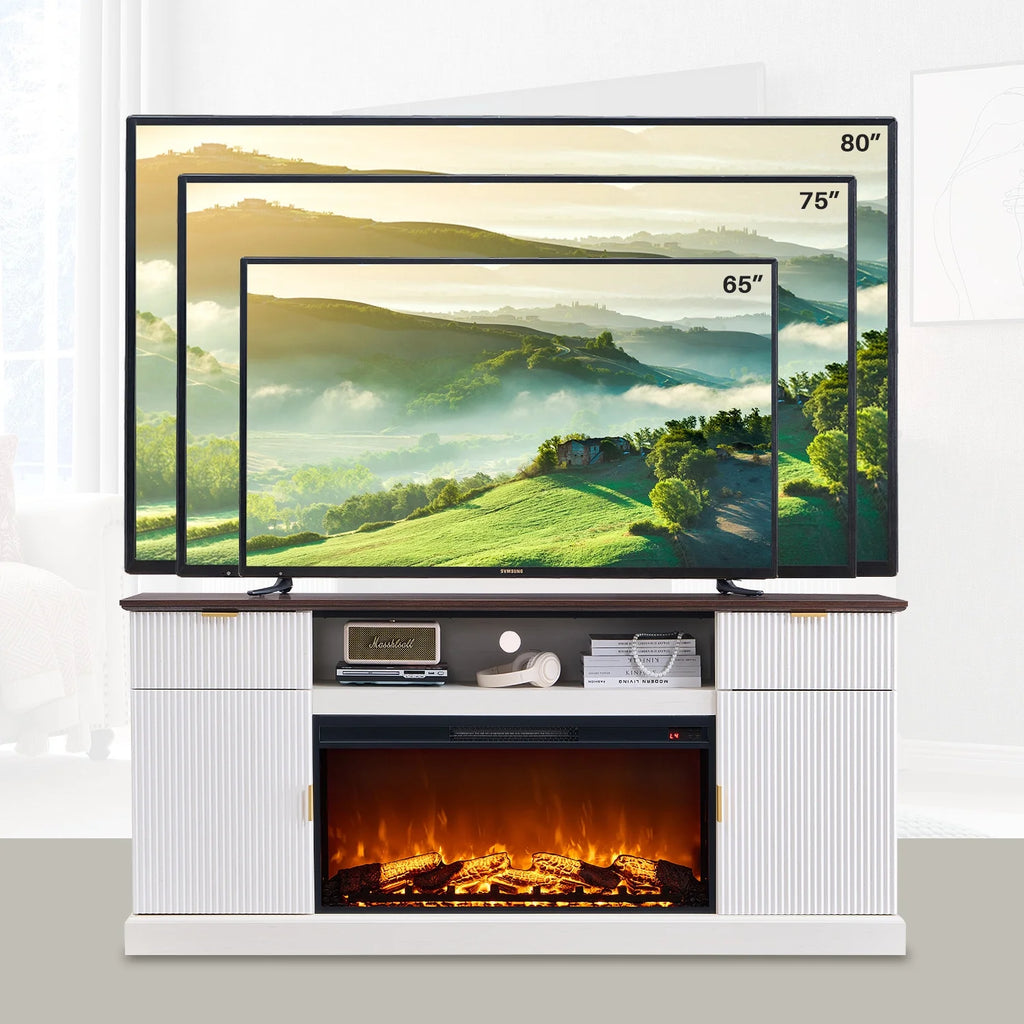 SinCiDo Fluted Fireplace TV Stand for 80 inch, Entertainment Center with 36" Electric Fireplace, 2 Drawers and Adjustable Shelves, Wood TV Stand for Living Room