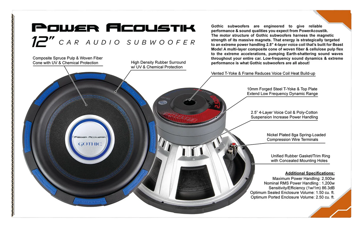 Power Acoustik Gothic Series GW-124 Premium 12" Subwoofer - 2,500 Watt Max, Composite Fiber Rigid Cone (New)
