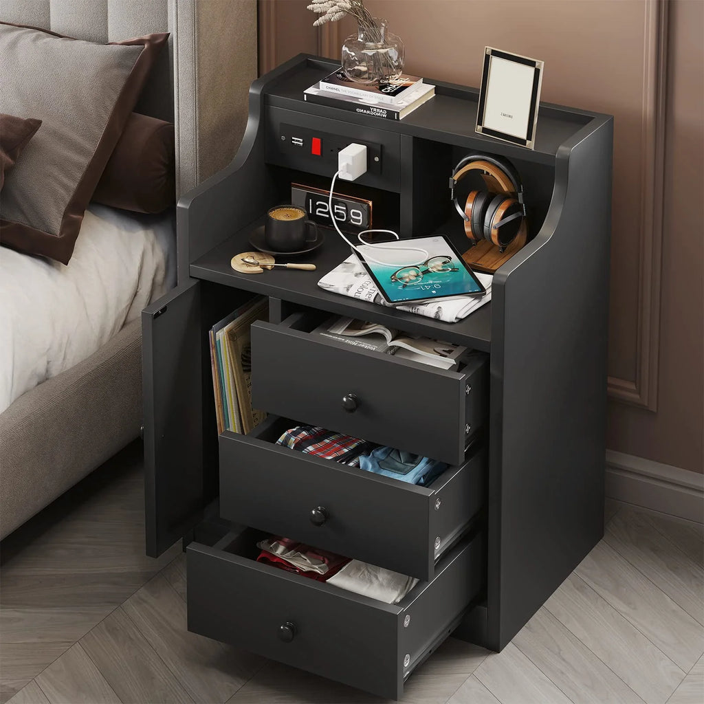 Nightstand with 3 Storage Drawers and Hutch, Black Night Stand with Charging Station End Side Table with 1 Door, Modern Bedside Table for Bedroom
