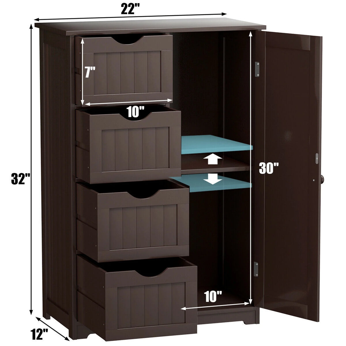 Gymax Bathroom Floor Cabinet Storage Organizer Cupboard w/ 4 Drawers Adjustable Shelf Grey