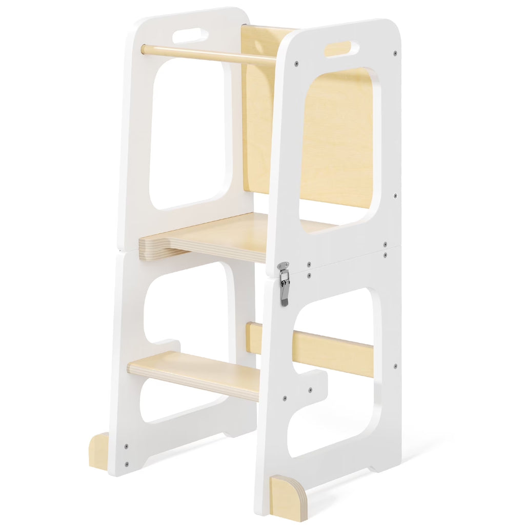 JOZ Kitchen Toddlers Step Stool, Montessori Kids Learning Stool, Foldable Toddler Tower for Counter, Standing Helper for Children, 3 Adjustable Heights, Wooden, White