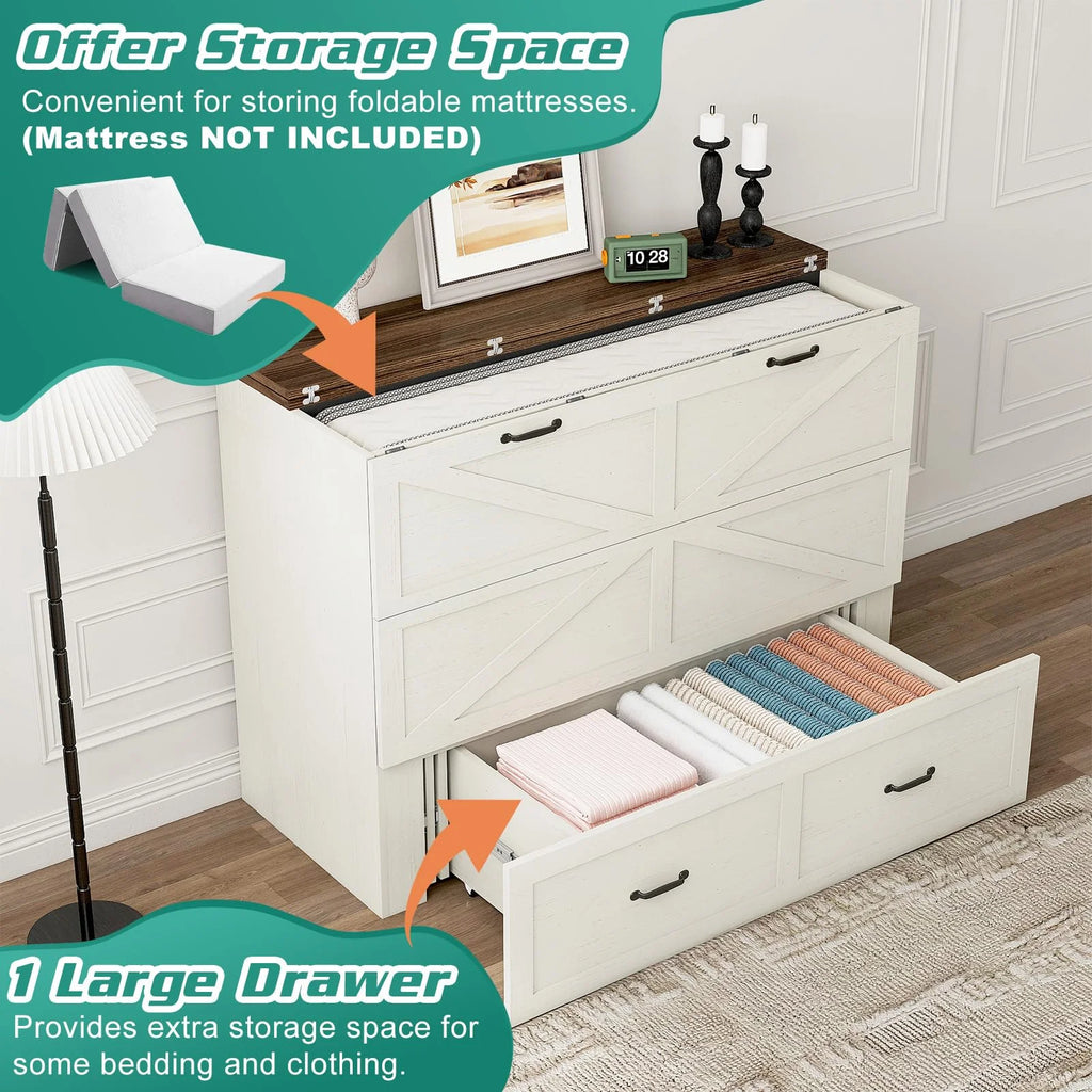ANPOO Full Size Murphy Chest Bed with Drawer and Power Outlets, Farmhouse Wood Hidden Folding Bed Chest w/2 Storage Drawers, Multifunctional Storage Cabinet Bed for Bedroom,White