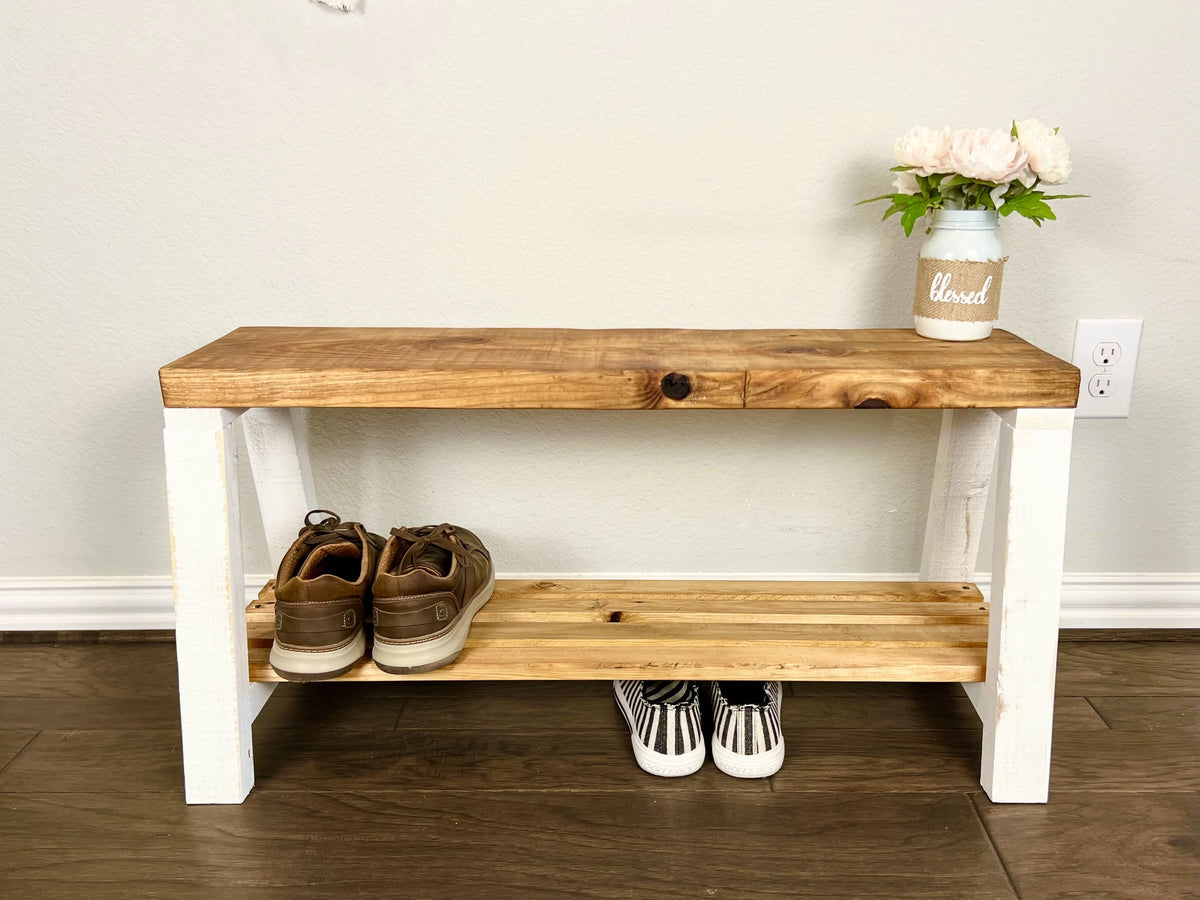 Farmhouse Pine Wood Storage Shelf Bench, Lt Brown White