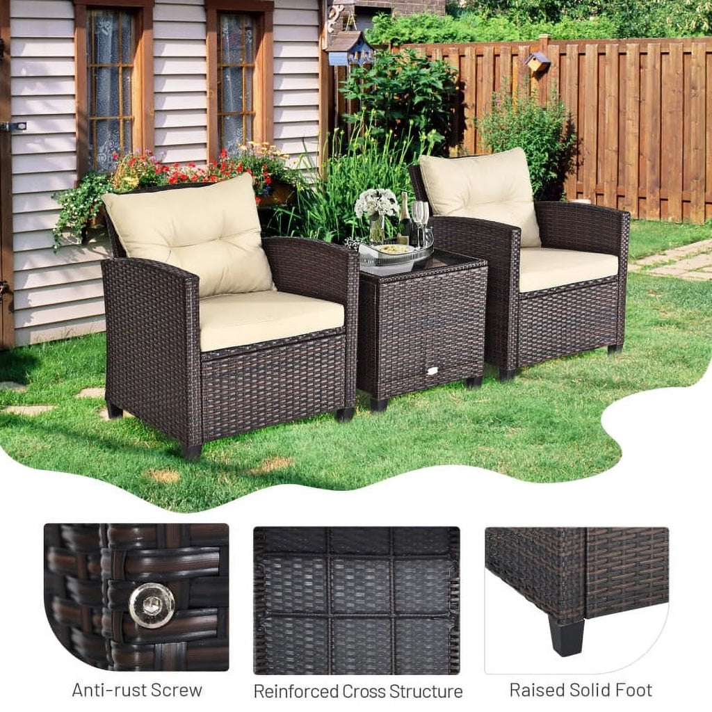 Spaco Patio Furniture 4 Pieces Patio Rattan Furniture Set, Outdoor Wicker Rattan Chairs Garden Backyard Balcony Porch Poolside loveseat with Coffee Table Cushioned Sofa-White