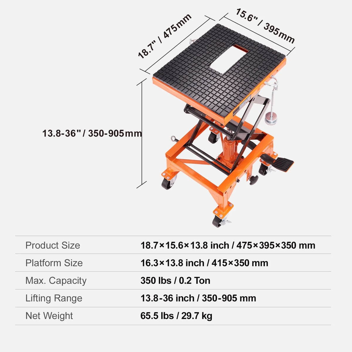 BENTISM Hydraulic Motorcycle Lift Table 350 lbs Height 13'-36' Dirt Bike Scissor Jack Stand with Wide Deck Safety Pin J-hook