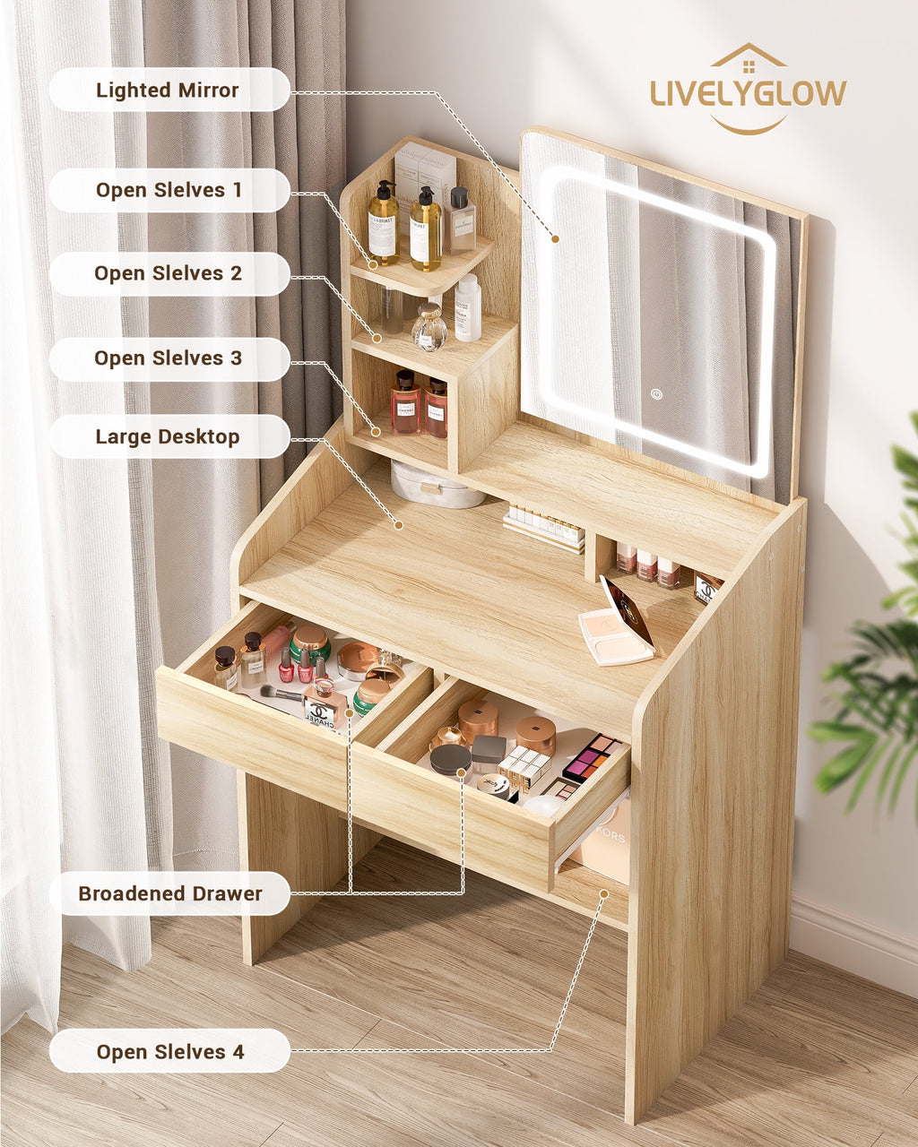 LIVELYGLOW Vanity Desk Set with Square Mirror and Light- Small Vanity Table with Drawers- White