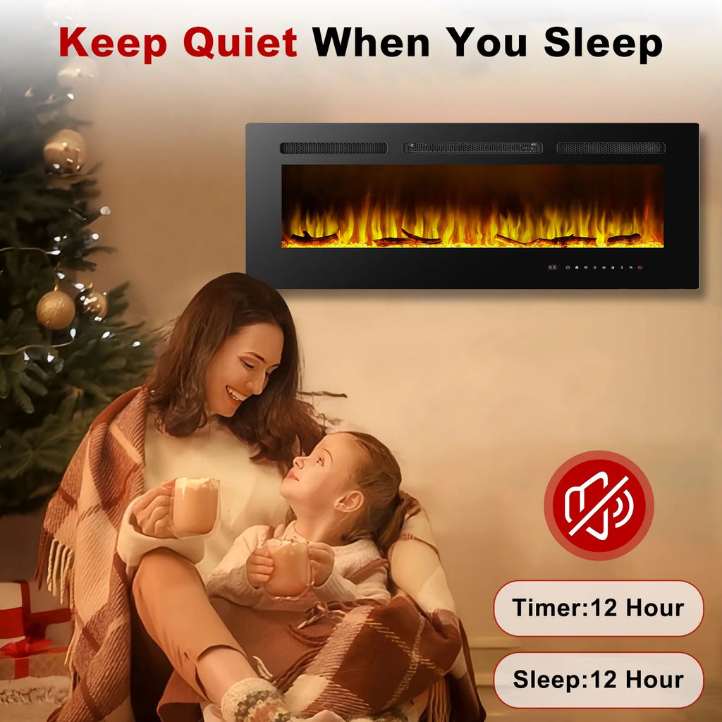 60" Electric Fireplace, Ultra-thin Recessed and Wall Mounted Fireplace, Linear Fireplace with Timer Remote Control Adjustable Flame Color 750w/1500w Black