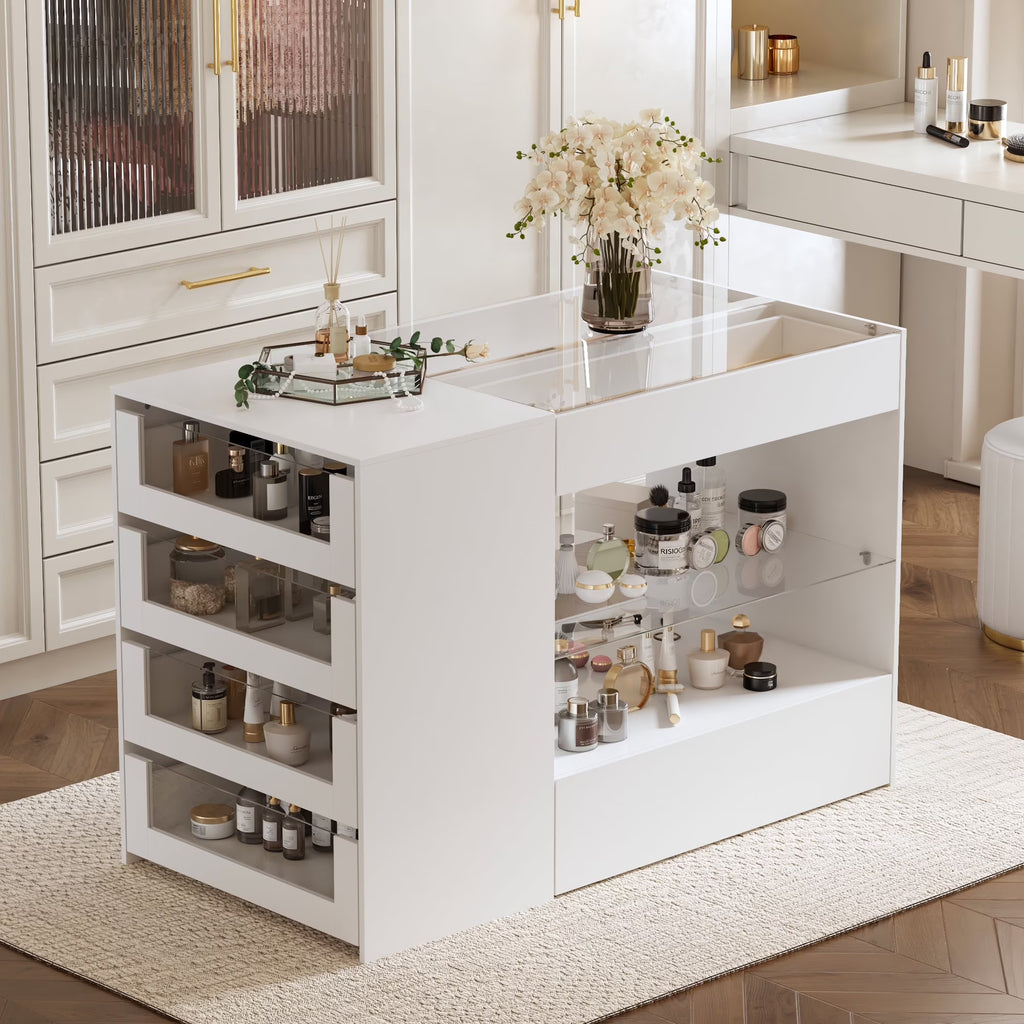 KULAGAGA Closet Island with Glass Top & 8 Drawers,Wardrobe Armoire  Island for Walk-in Closet, Store Dressing Room, 47.2 W x 23.6 D x 31.5 H