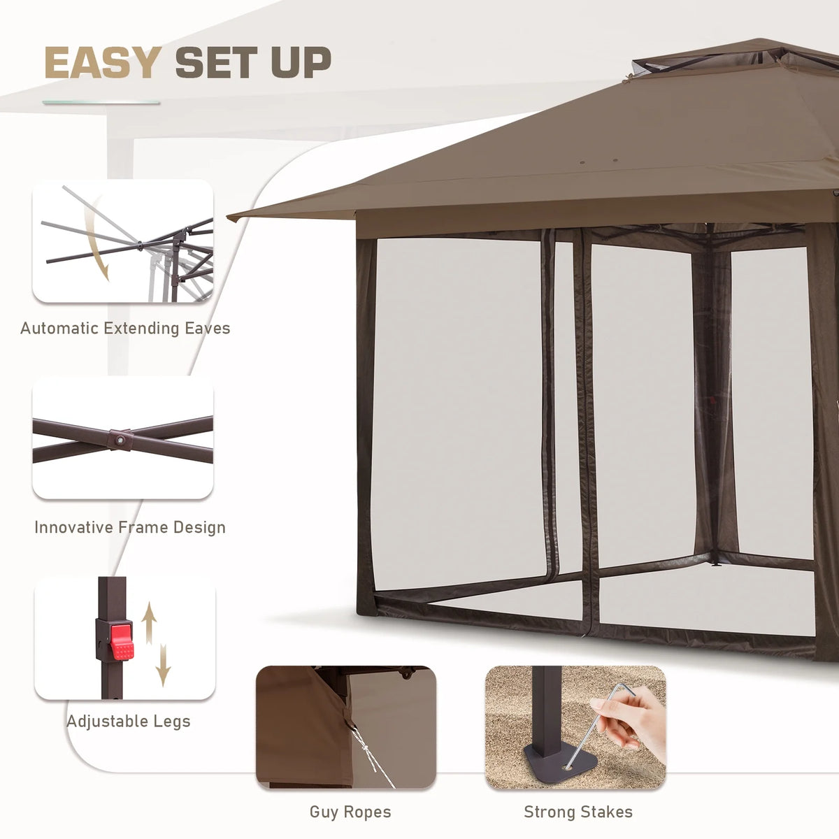EAGLE PEAK 13' x 13' Pop-Up Gazebo Tent Instant w/Mosquito Netting，Outdoor Gazebo Canopy Easy Set-up Folding Shelter (Beige/Brown)