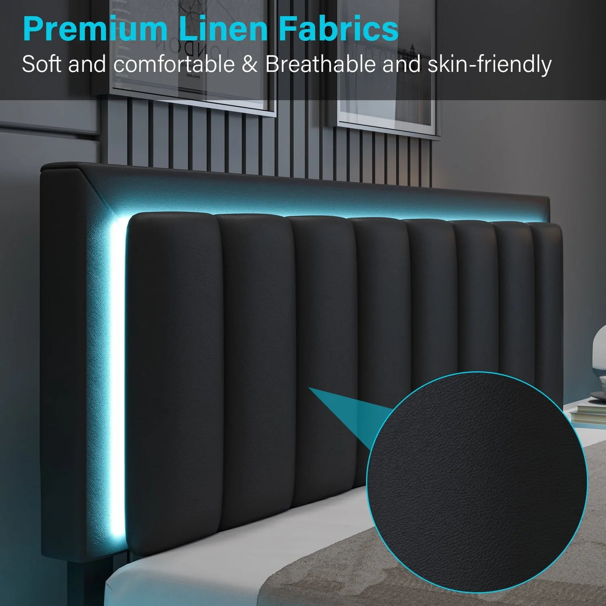 4 EVER WINNER Queen LED Bed Frame, Upholstered Bed Frame with LED Light Headboard, Black