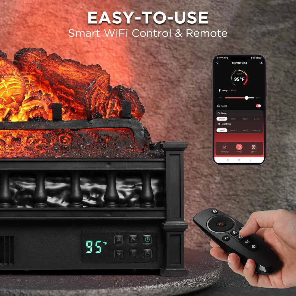 TURBRO Eternal Flame 26 in. WiFi Infrared Quartz Electric Fireplace Log Heater with Sound Crackling, Realistic Pinewood Logs, Adjustable Flame Colors, Remote Control, Thermostat, Timer, 1500W Bronze