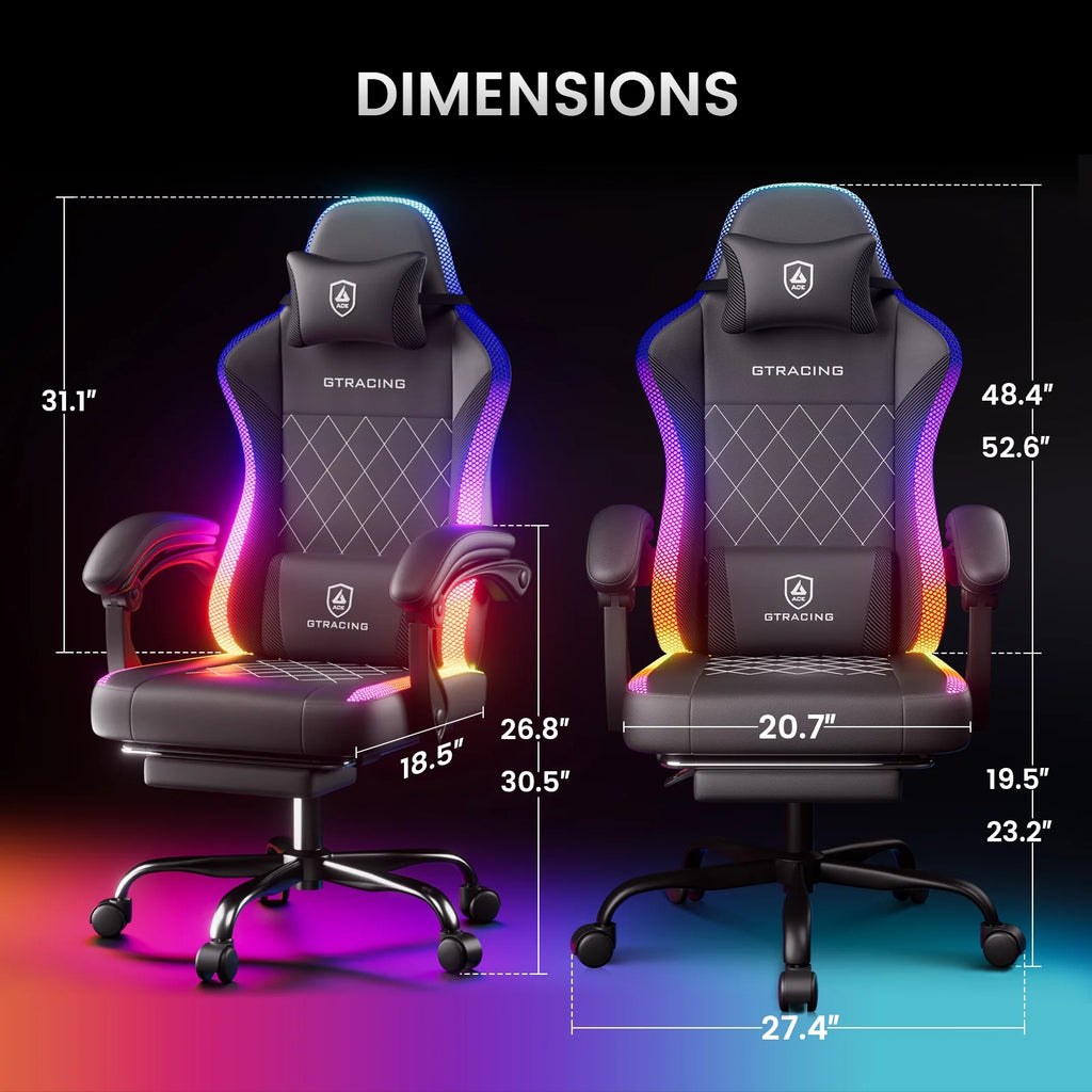 GTRACING RGB Ergonomic Gaming Chair with Massage, LED Lights, Footrest, Lumbar Support and Backrest, Black