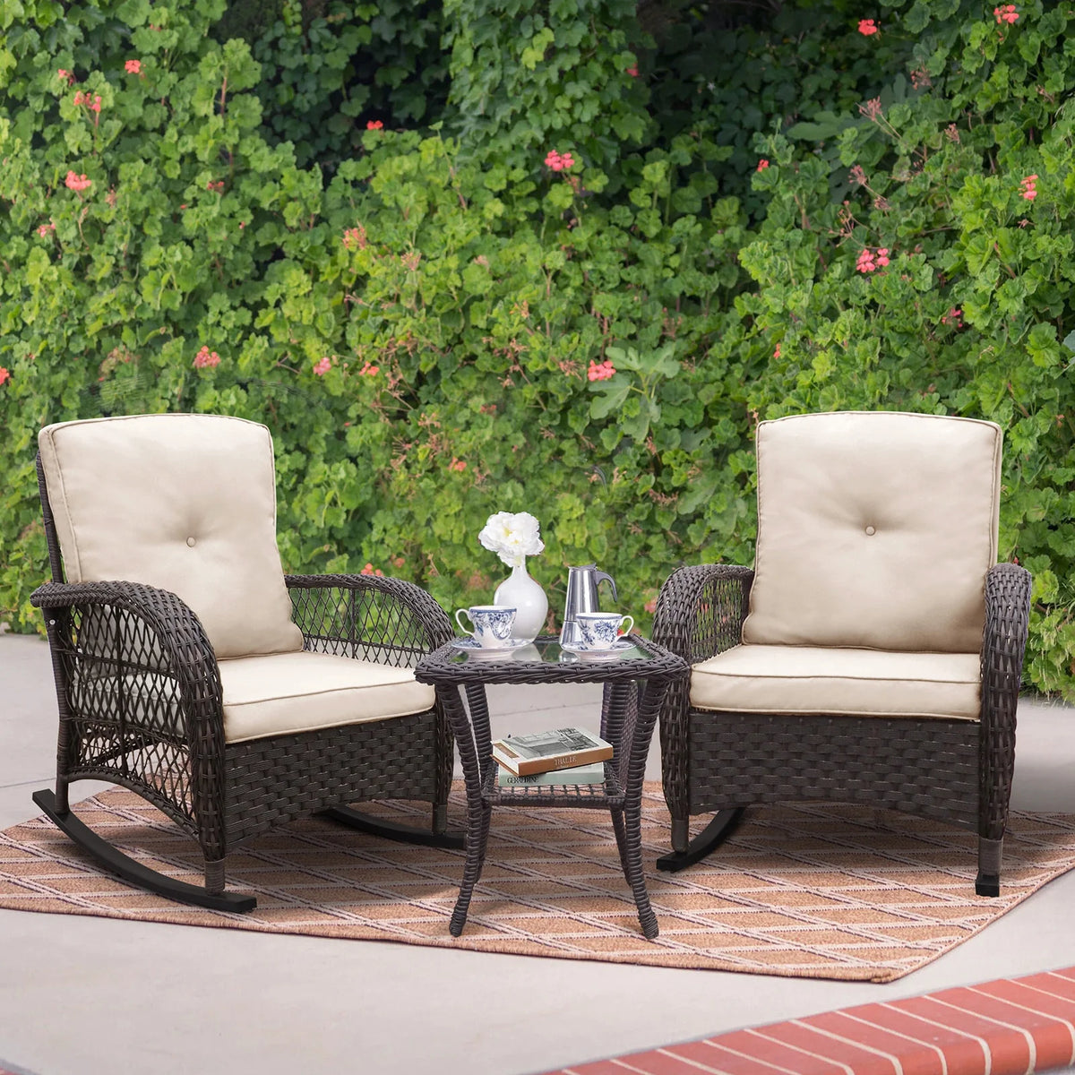 JP Outdoor 3Pcs Outdoor Wicker Rocking Porch Chairs with Coffee Table,Kahki