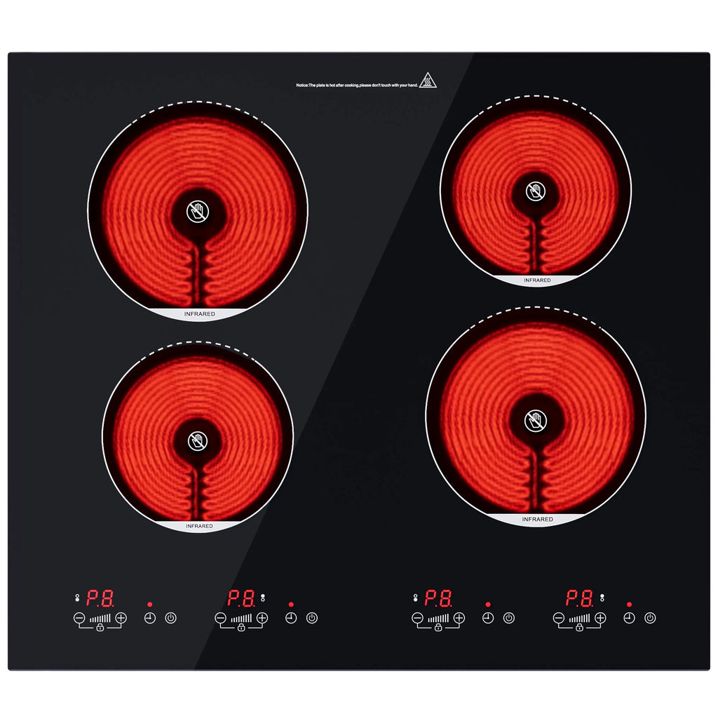 Advwin  4 Burner Electric Stove Top 24 Inch Built-in Electric Stove Top,6000W Electric Ceramic Cooktop with 4H Timer, Kid Safety Lock and Knob Control, 9 Heating Level,220v(No Plug)