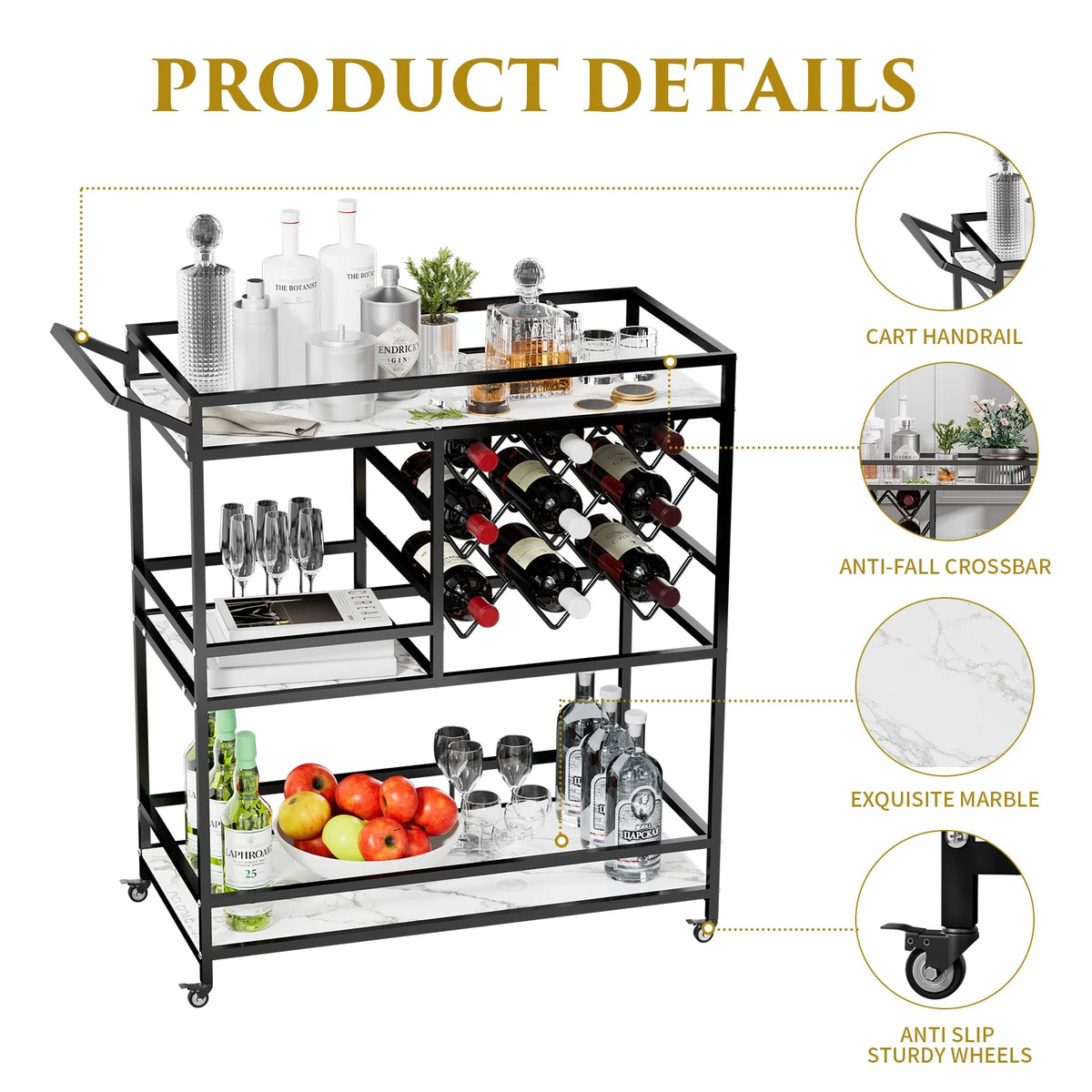 WHIFEA 3-Tier Home Bar Cart with Wine Rack, Mobile Serving Wine Cart on Wheels, Modern Rolling Drink Trolley for Coffee Tea Wine, Beverage Bar Table for Home Kitchen Party, Black