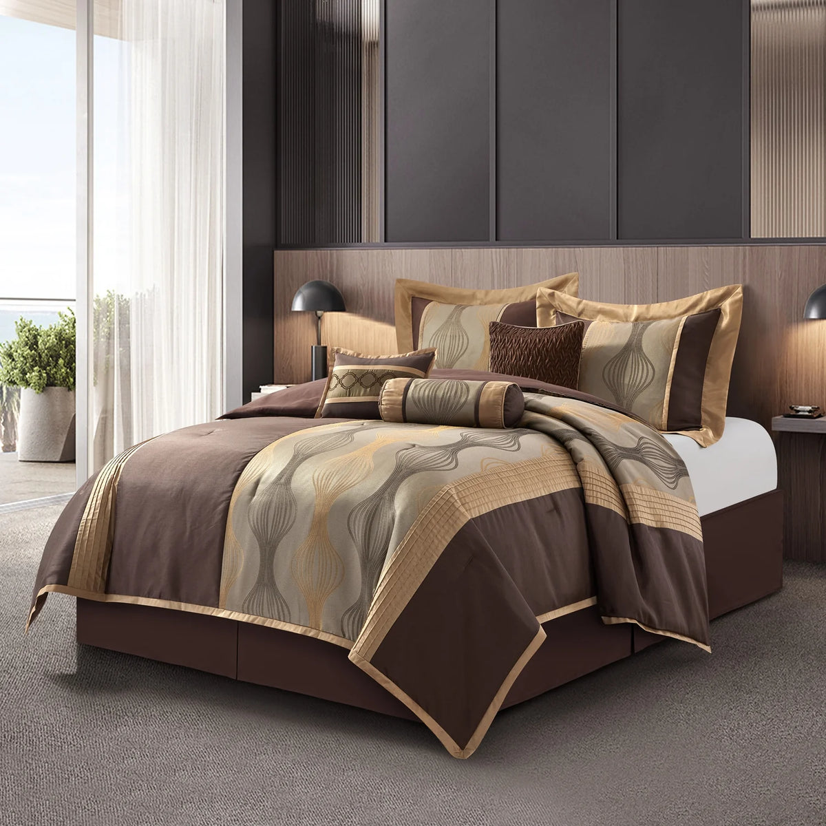 Lanco Black Silver Comforter Set , California King Size , 7 Pieces Fashion Jacquard Bedding Set