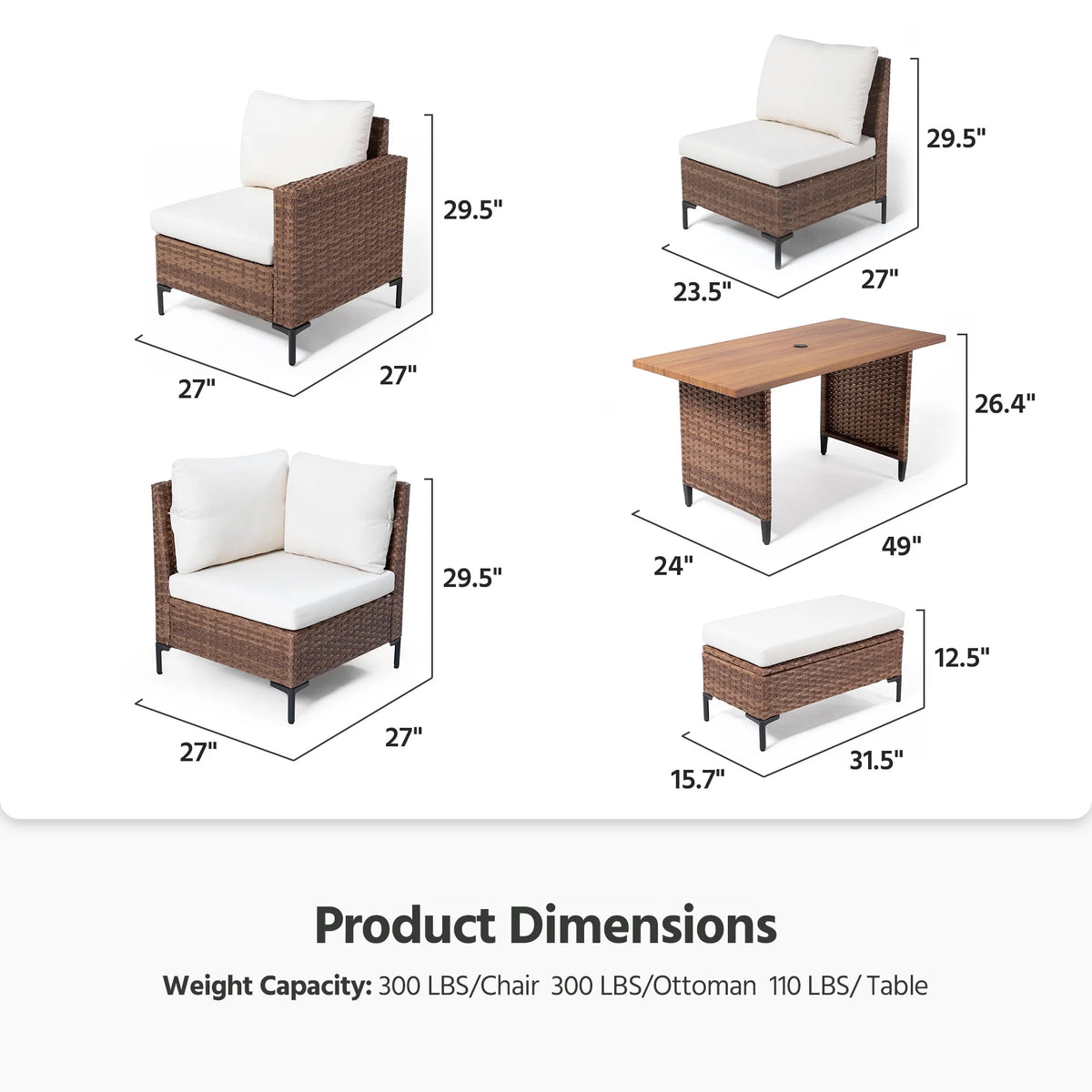 LAUSAINT HOME 8-Piece Patio Furniture Set, Outdoor Wicker Conversation Set with Adjustable Backrest & Storage Ottoman, Beige Cushions
