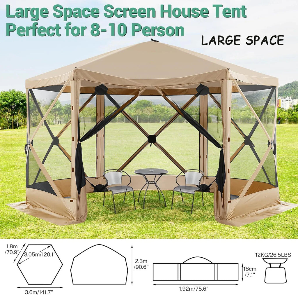 COBIZI 12x12 Pop Up Canopy Gazebo, Outdoor Canopy Tent Screen House with 5 sidewalls and Netting for Camping, Waterproof, UV Resistant, Ez Set-up Party Tent with Carrying Bag and Ground Stakes,Brown