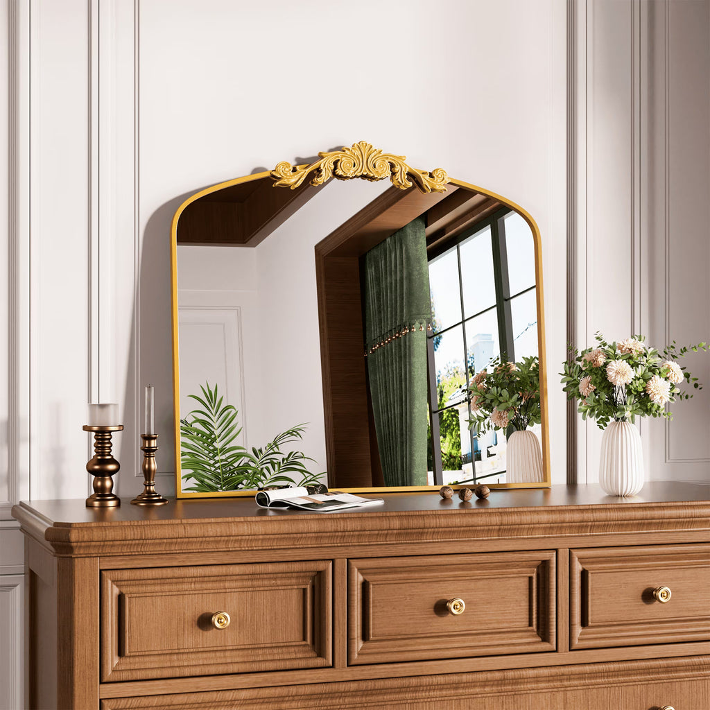 Swafrrt 28x20 inch Gold Arch Mirror, Vintage Lace Wall Mirror, Aluminum Frame, Baroque Gold Lace Bathroom Mirror, Suitable for Wall, Tempered Glass, Can Hung Vertically or Tilted