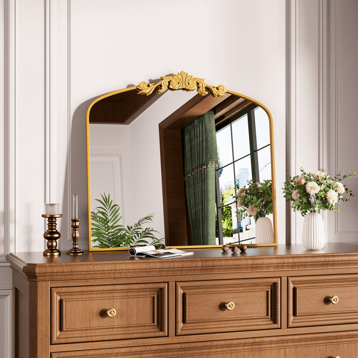 Swafrrt 28x20 inch Gold Arch Mirror, Vintage Lace Wall Mirror, Aluminum Frame, Baroque Gold Lace Bathroom Mirror, Suitable for Wall, Tempered Glass, Can Hung Vertically or Tilted