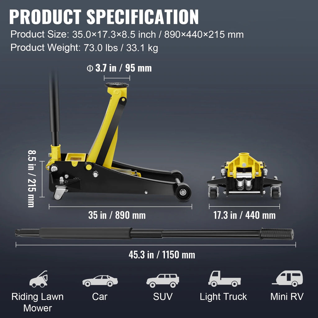 KFFKFF Low Profile Floor Jack, 3 Ton Capacity, Low-lying Steel Jack for Racing, Equipped with Efficient Dual Pistons for Rapid Elevation, Adjustable Height from 3.35 inches to 19.69 inches
