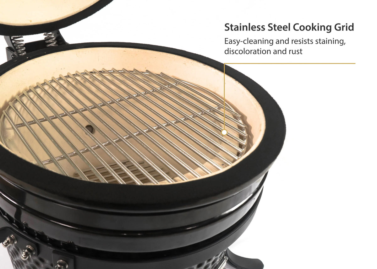 VESSILS 9.8-inch W Kamado Charcoal BBQ Grill Heavy Duty Ceramic Barbecue Smoker and Roaster with Built-in Thermometer and Stainless Steel Grate (13 Inch Stand, Black)
