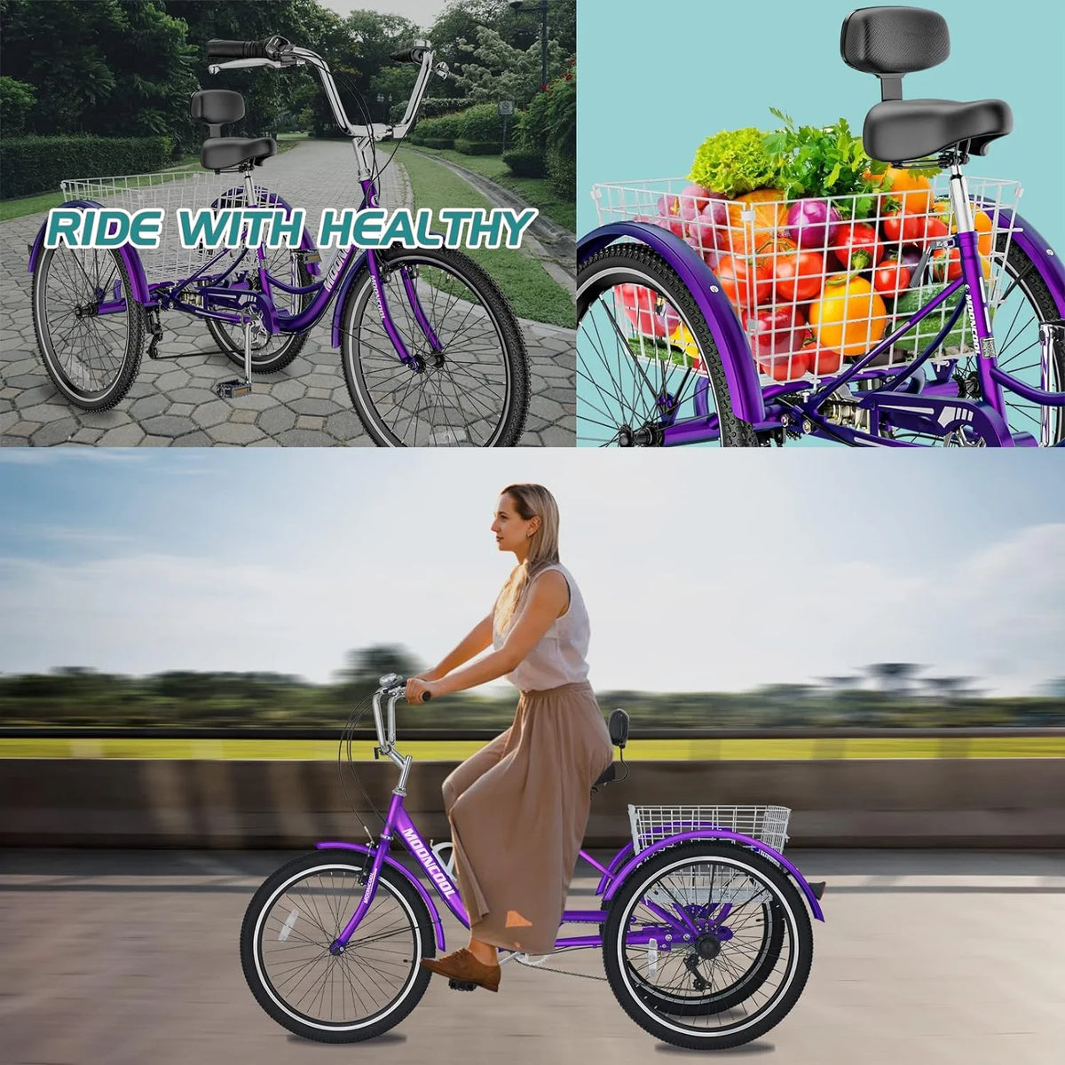 FICISOG 7 Speed Adult Tricycle for Women, 20/24/26 Inch Adult Trike with Basket, 3 Wheel Bikes for Adults Seniors, Cruise Trike for Shopping Picnic