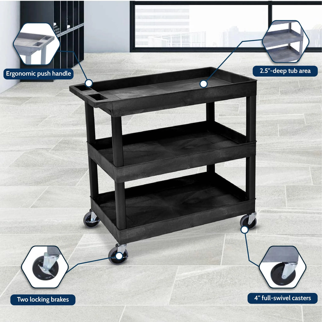 Luxor Rolling 3-Shelf Utility Cart, HDPE Black