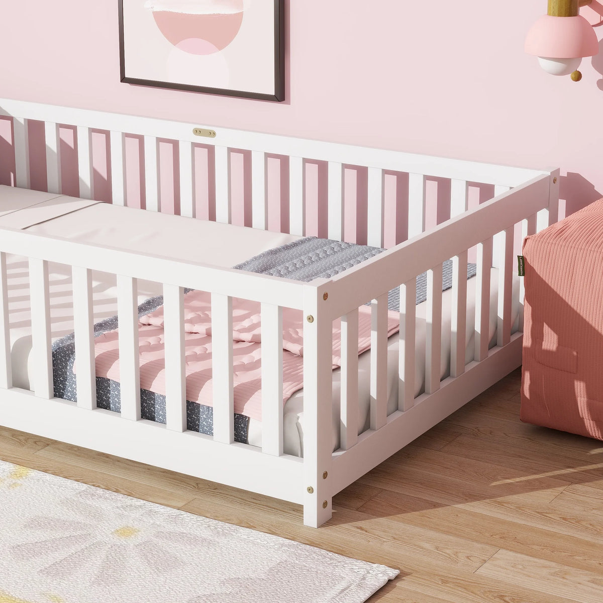 Miniyam Wooden Twin Size Floor Bed with Safety Fence for Kids, Natural