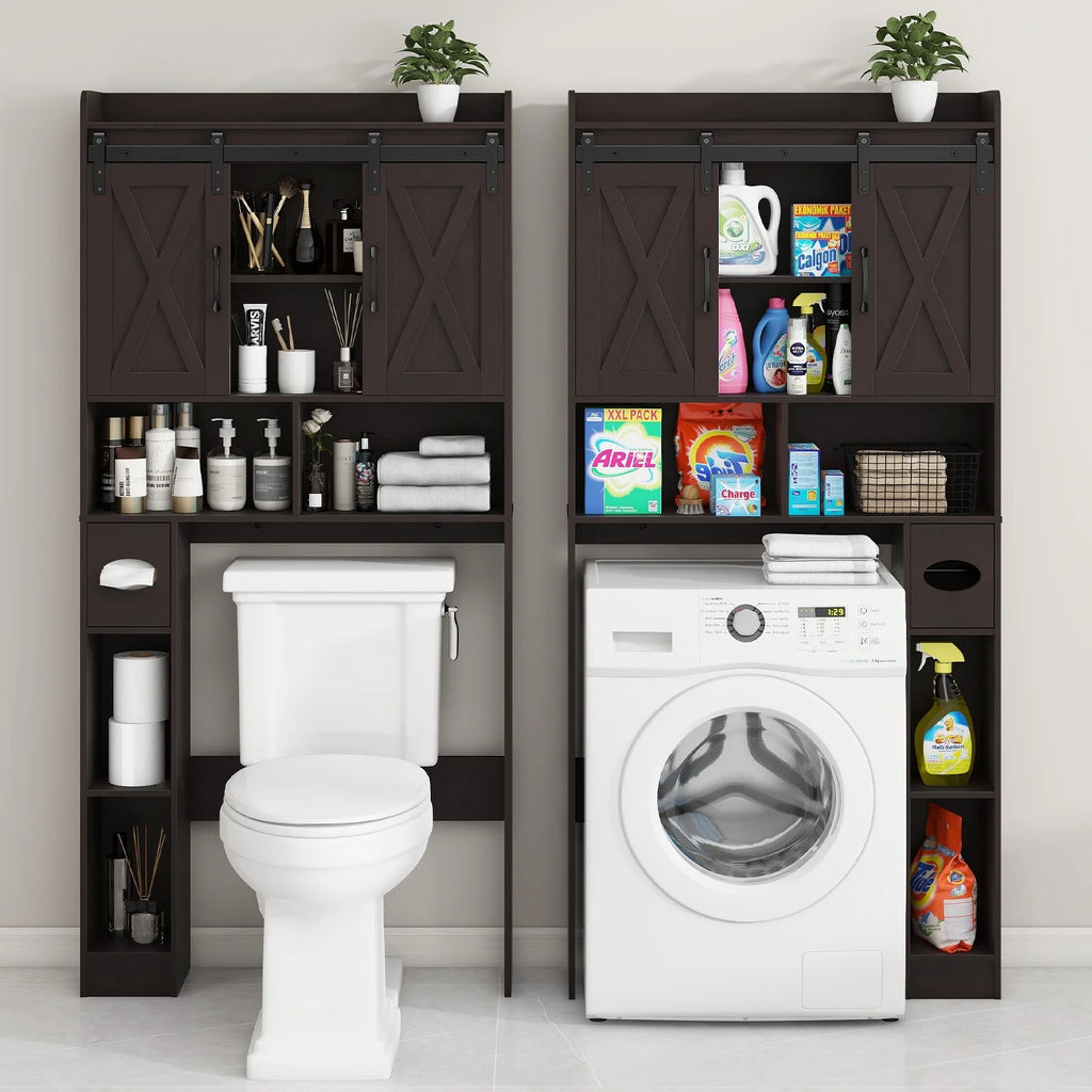 Over The Toilet Storage Cabinet, Farmhouse Storage Cabinet Over Toilet with Sliding Doors Home Space-Saving Toilet Rack, for Bathroom, Restroom, Laundry