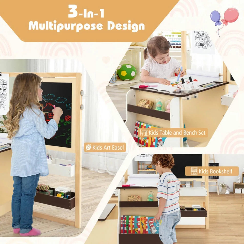 Spaco Kids Art Center Wooden Table Bench Set-Brown, Toddler Table and Chair Set for Arts & Crafts, Snack Time, Homeschooling, Homework