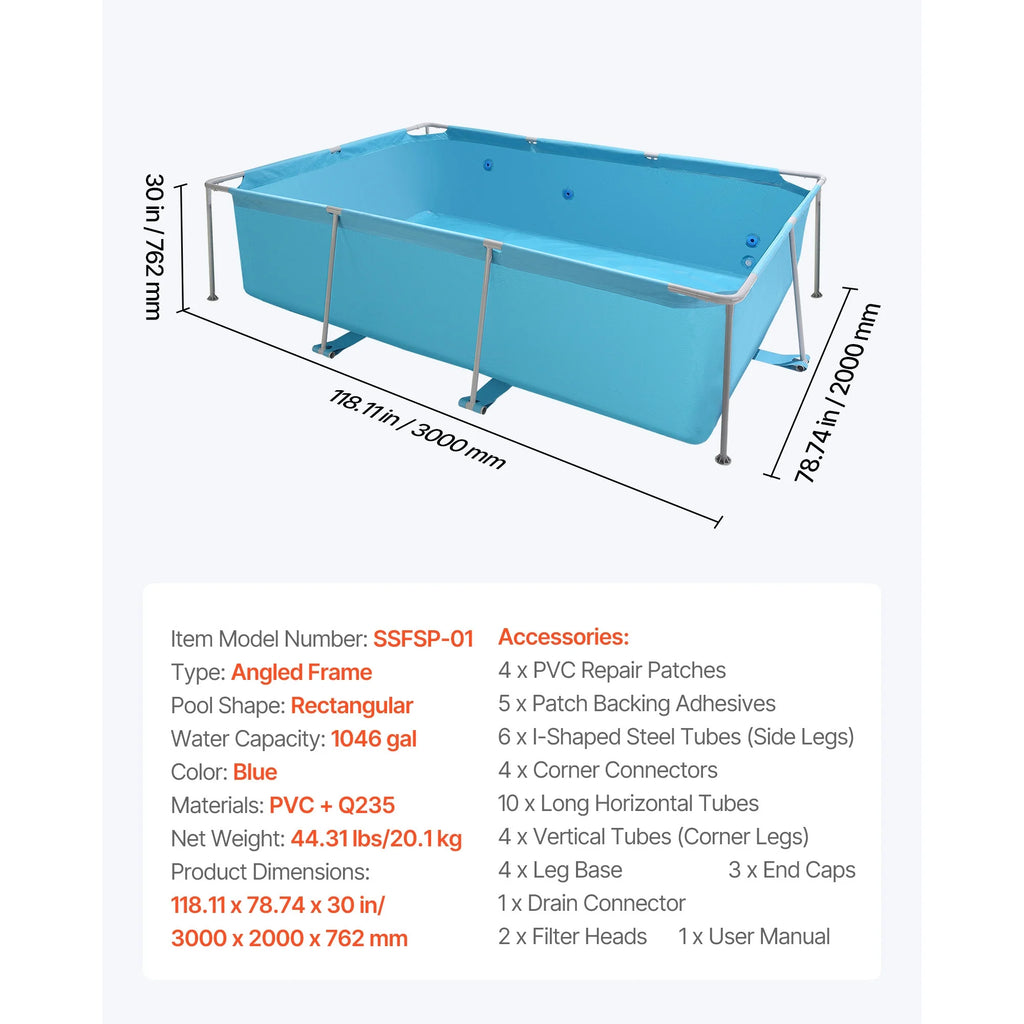 KFFKFF Rectangular Steel Frame Swimming Pool, 118 x 78 x 30 in, Durable Outdoor Family Pool for Backyard, Easy Assembly with Rust-Resistant Design, 1046 Gallon Capacity, Blue