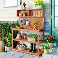65" Outdoor Potting Bench Table, Farmhouse Wooden Garden Patio Workstation with 4 Storage Shelves and 3 Side Hooks, Multifunctional Potting Planting Table for Mudroom, Backyard, Natural