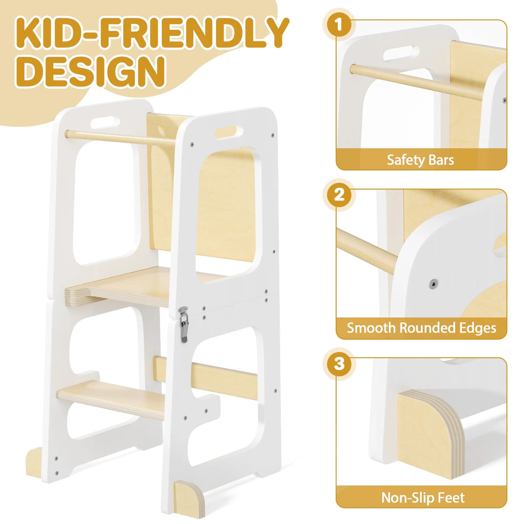 JOZ Kitchen Toddlers Step Stool, Montessori Kids Learning Stool, Foldable Toddler Tower for Counter, Standing Helper for Children, 3 Adjustable Heights, Wooden, White