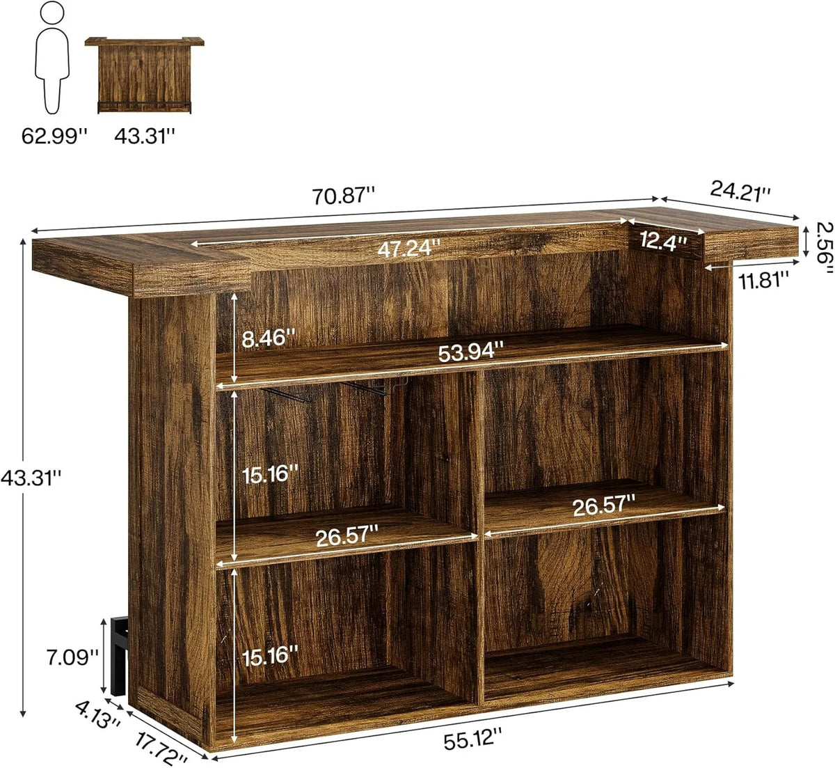 4-Tier Bar Table, 70.9-Inch Large Modern Home Bar Cabinet with Wine Glass Holder and Black Footrest
